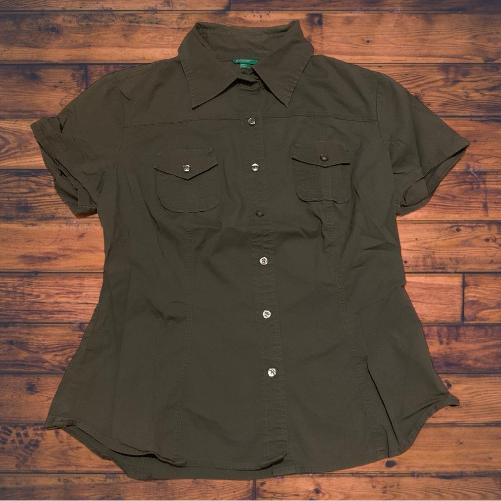United Colors Of Benetton Army Green Military Button Down Blouse Shirt Cady